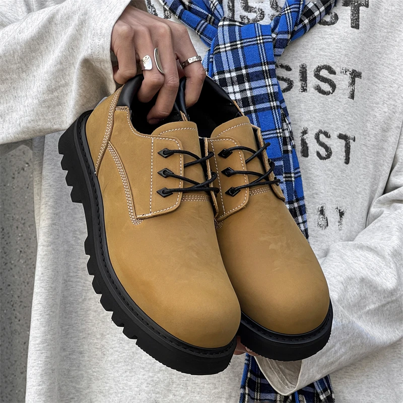 

Classic Men Derby Shoes Yellow Casual Lace-up Business Office Trend Thick-soled Large-head Brand Leather Shoes Social Shoes Men