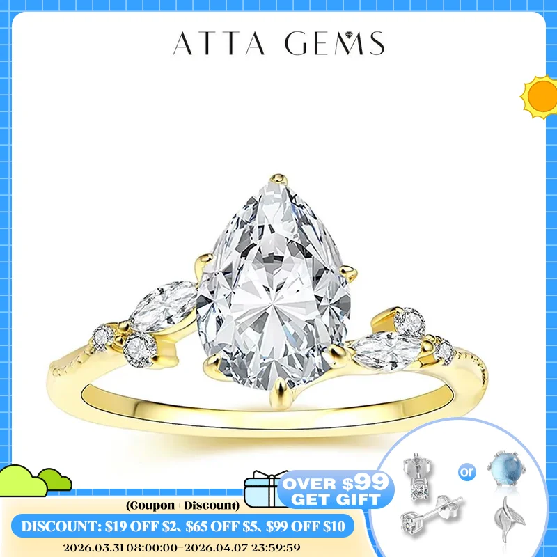 

ATTAGEMS 2CT Full Moissanite Rings DVVS1 Pear Cut Pure 10K 14K 18K Gold for Women Luxury Engagement Wedding Jewelry High Quality