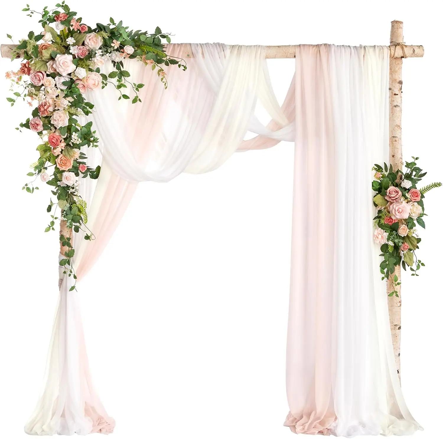 Deluxe Spring Pink Artificial Wedding Arch Flowers with Drapes Kit-Pack of 5, 2pcs Flower Arrangements 3pcs Hanging Sheer Drapes