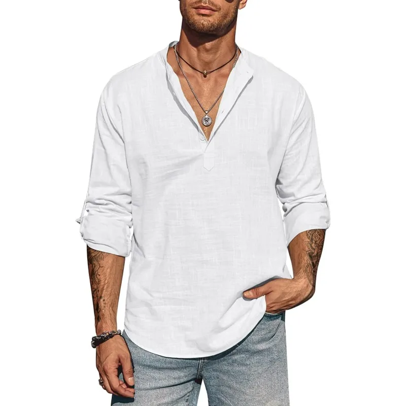 Mens Long Sleeve Cotton Shirt Linen Stand Collar T-shirts Lightweight Breathable Streetwear Half Button Hawaiian Large Shirt