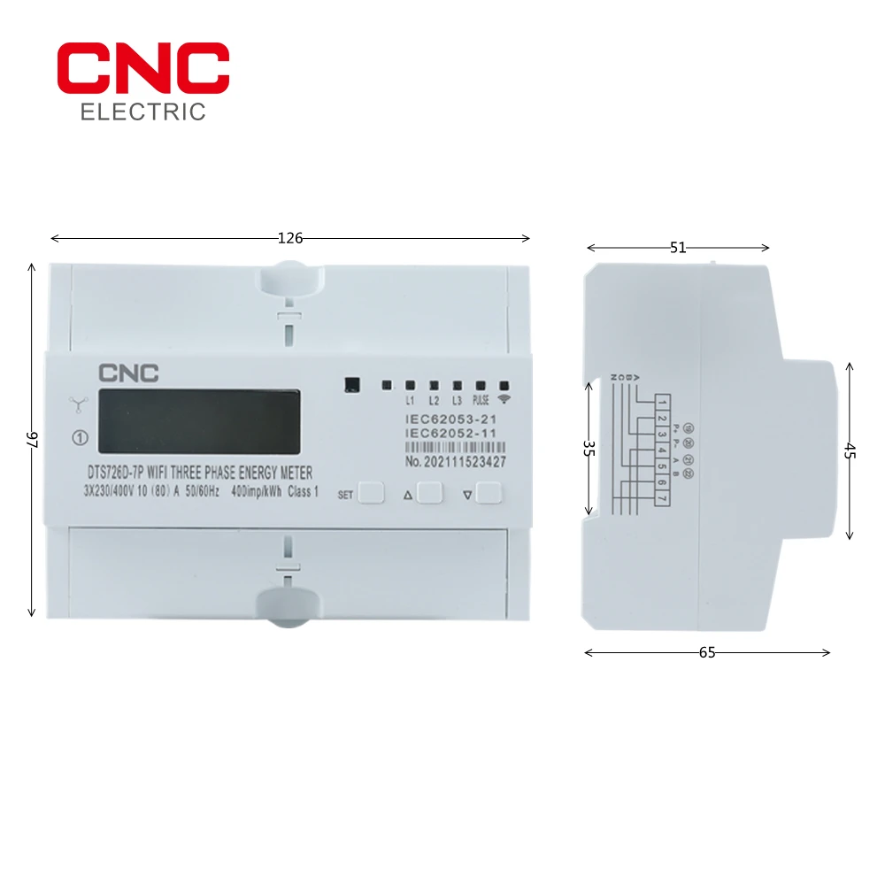 CNC DTS726D-7P WIFI 3 Phase Tuya WIFI Smart Energy Meter 3*120V 3*220V 3*230V 50/60Hz Timer Power Consumption Monitor kWh