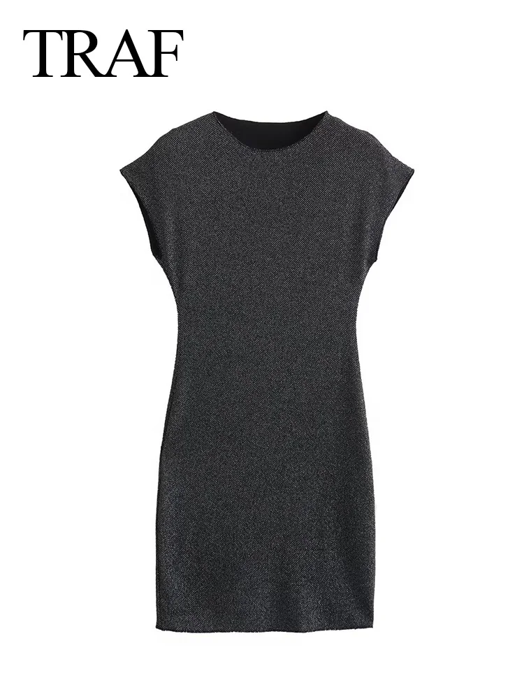 TRAF 2024 abiti donna Knitting O Neck Bodycon Cut Out corsetto Dress donna Solid Versatile Vintage elegante Midi abiti femminili