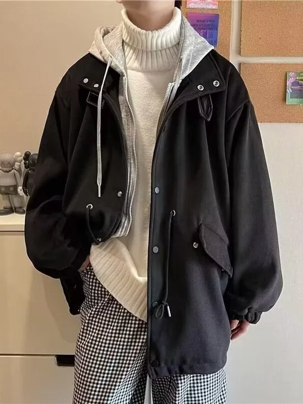 

Korean Sle Trendy Hooded Fce Lined Thiened Warm Cotton Jaet for Boys Loose Teenage Woolen Windbreaker Coat