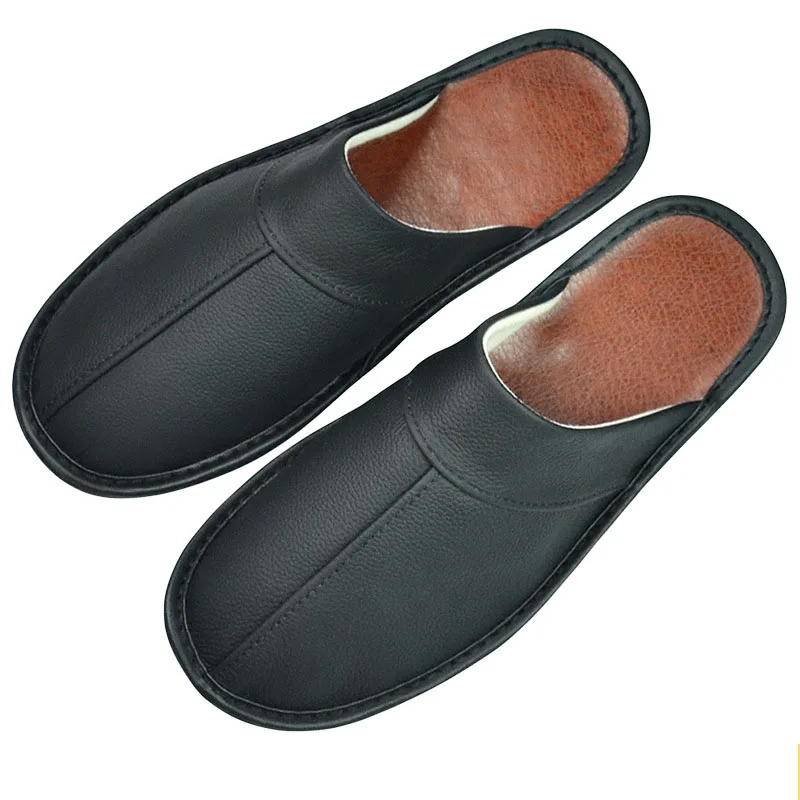 

Autumn Winter Indoor Shoes Men's Slippers Plus Size 47 48 Man Concise Navy Blue Slides Simple Leather Home Slippers For Men