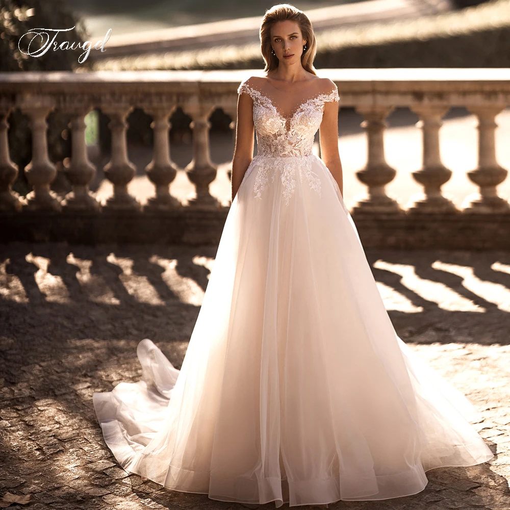 

Traugel Sexy Illusion Cap Sleeve Vintage Wedding Dresses Delicate Appliques Beaded Court Train A Line Bridal Gown