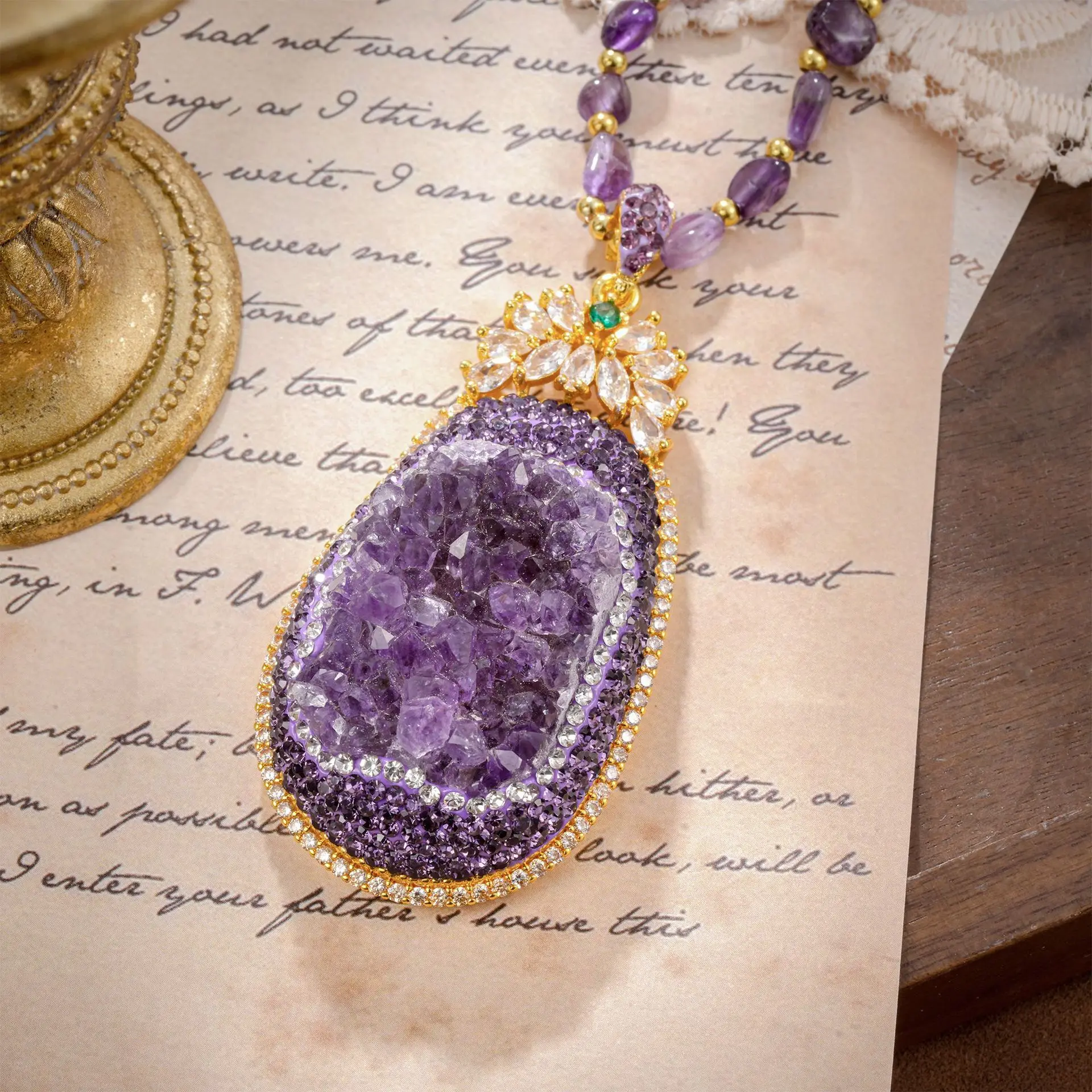 Natural Amethyst Druzy Pendant Necklace Sparkling Gold Accents Irregular Amethyst Beaded Chain Luxury Chic Long Sweater Necklace