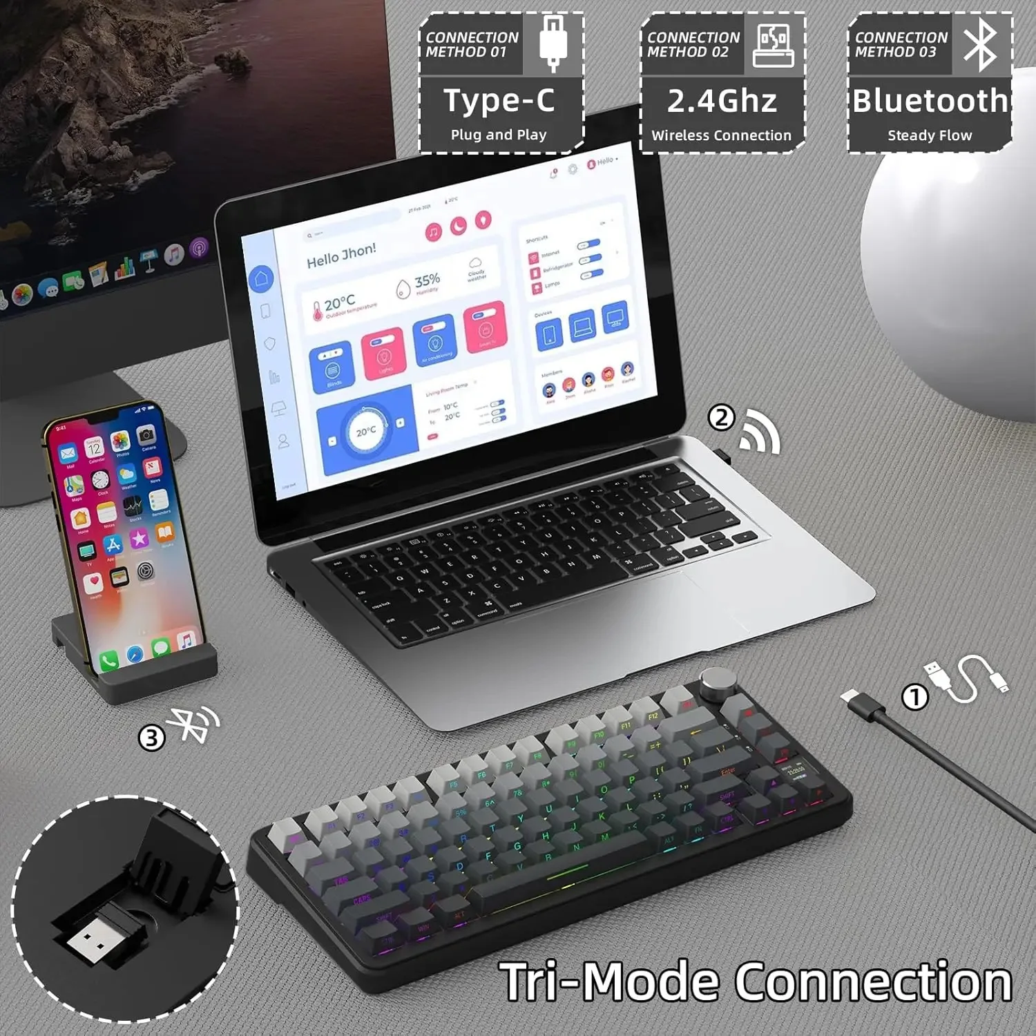 Attack Shark X85 Pro Mechanical Keyboard Hot-Swap RGB Smart Color Screen Gasket Mount Alloy Knob