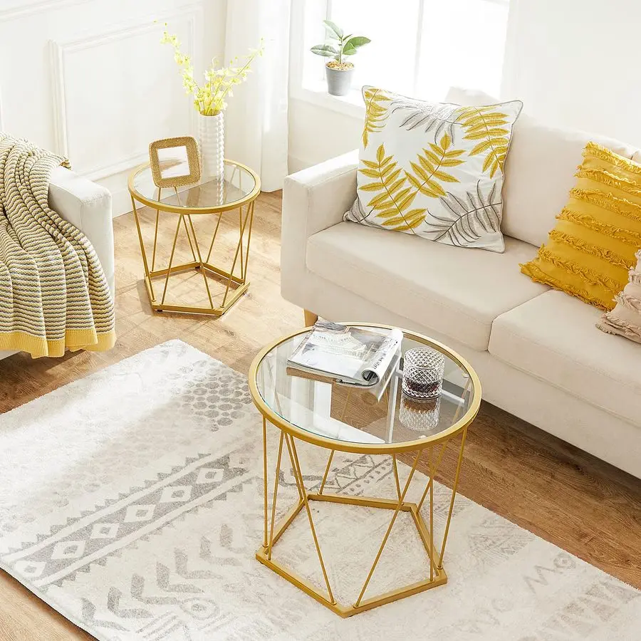 

Small Coffee Table Set of 2, Round Coffee End Table with Metal Frame, Glass Tabletop, Gold Side Table for Living Room, Bedroom a