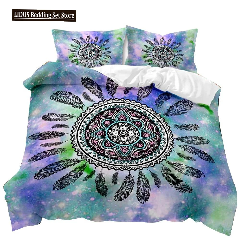 

Dream Catcher Duvet Cover Set Green Feathers Comforter Cover Green Stripes Bedding Set Indian Tribal Style Polyester Quilt Cover