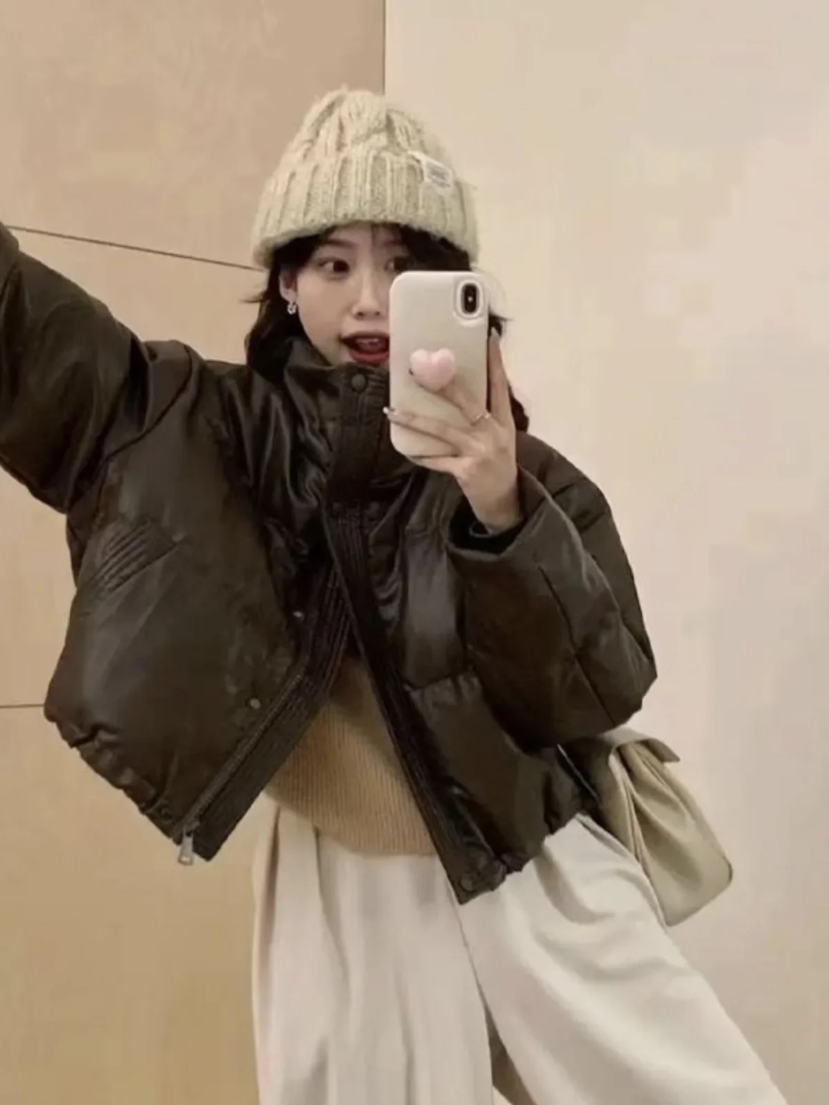 두꺼운 재킷 PU 가죽 레트로 스타일 단색 두꺼운 짧은 스탠드 칼라 PU 가죽 캐주얼 두꺼운 짧은 스탠드 칼라 재킷 자켓 재킷