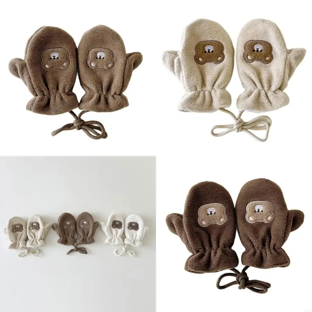 

97BE Kids Neck Strap Gloves Warm Winter Mittens For Ages 1 to 12 Years Soft Polyester