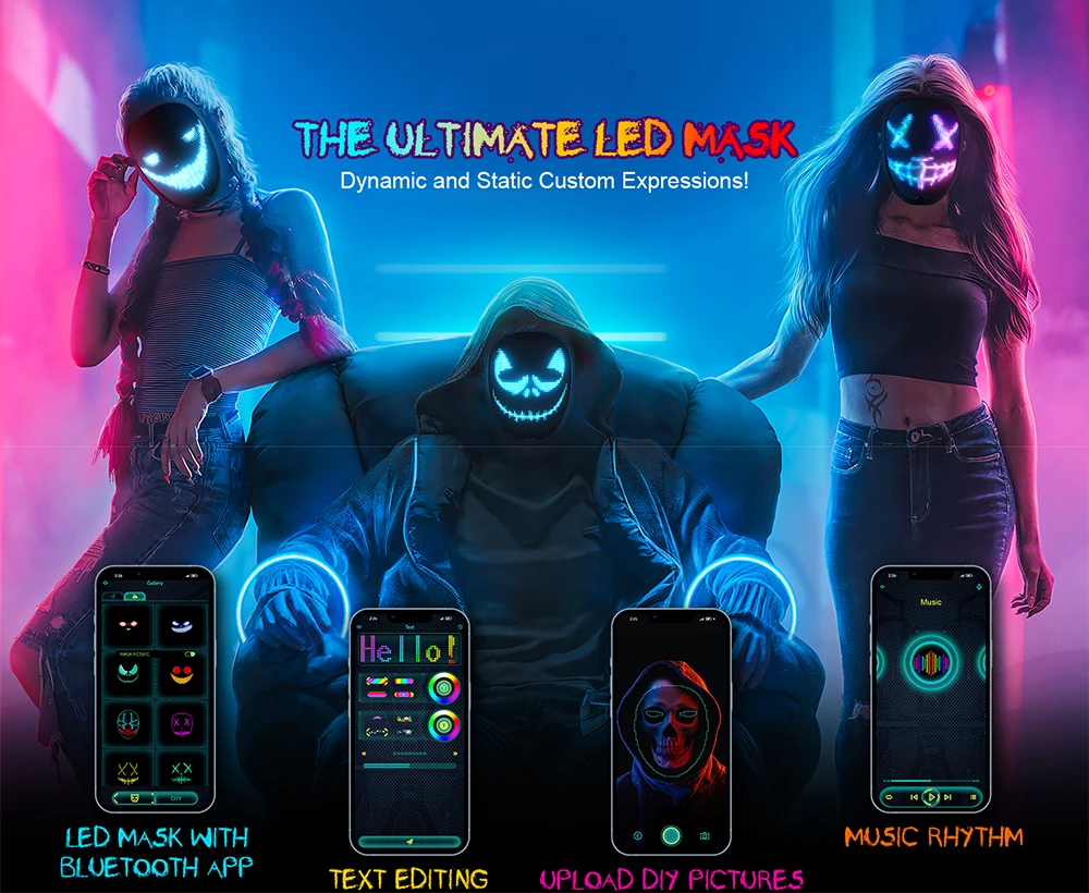 App-gesteuerte LED-Gesichtsmaske, USB-aufladbare programmierbare dynamische Leuchtmaske für Erwachsene, Halloween, Cosplay, Party – Detail 1