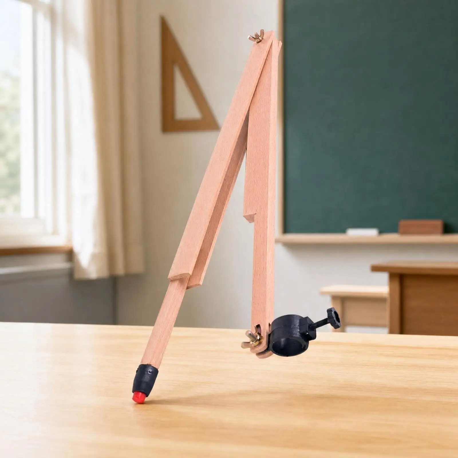 Wood Triangle Ruler Teaching Compass for Drawing Circles Geometry Tool with Pencil Attachment for School Use