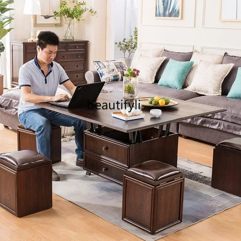 New Solid wood lifting coffee table dining table dual-purpose two-in-one mobile folding coffee table variable multi-function