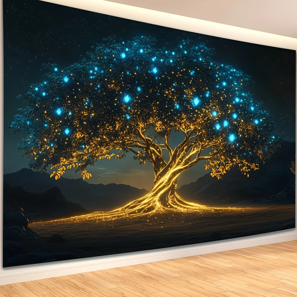 VIKAMA Enchanted Glowing Tree Tapestry Golden Trunk Living Room Sofa Backdrop Wall Decor Ins-Style Room Accent
