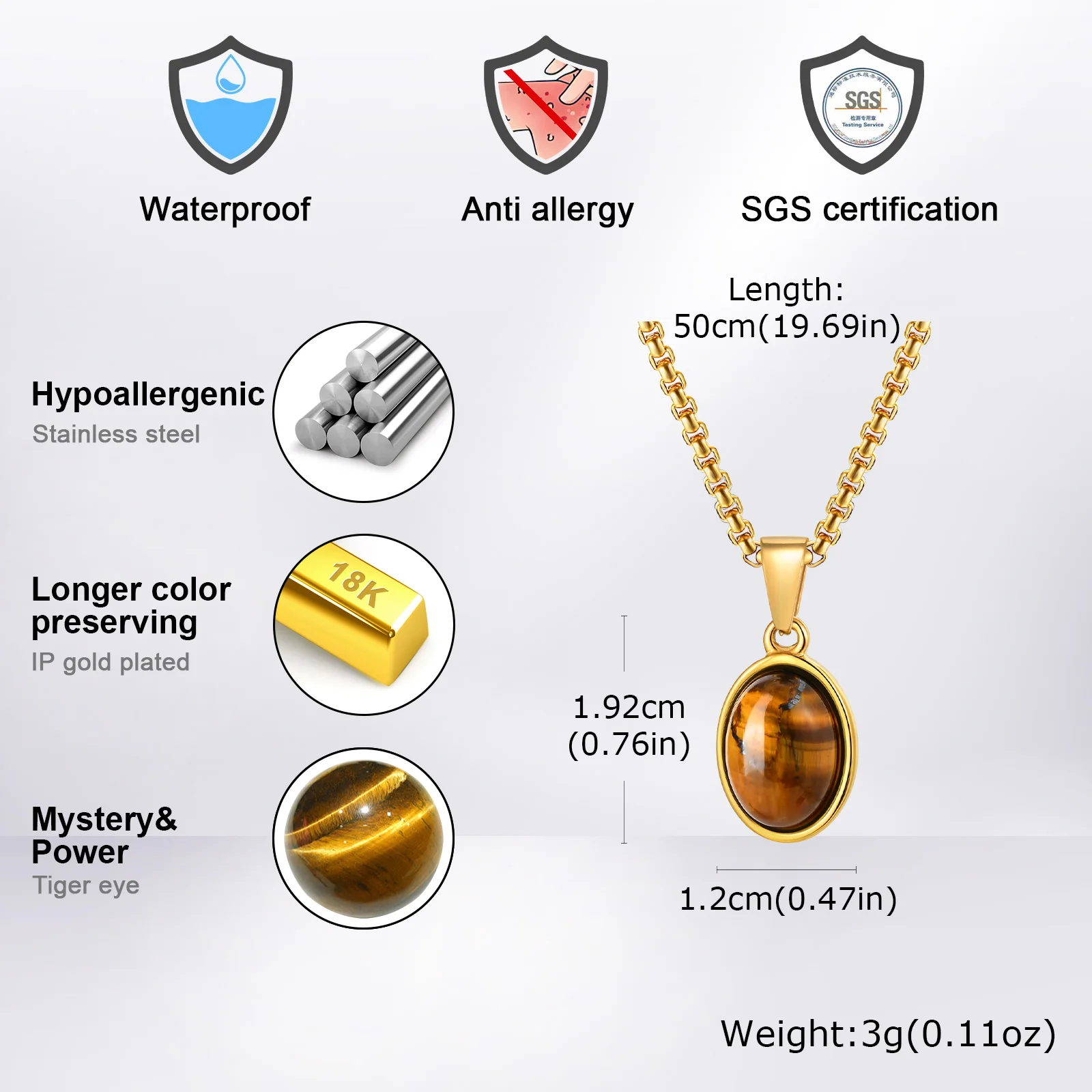 Herren Mode Minimalistische Halskette mit Natürlichem Tigeraugenstein, Edelstahl Geometrischer Anhänger, Punk Vintage Schmuck – Detail 11