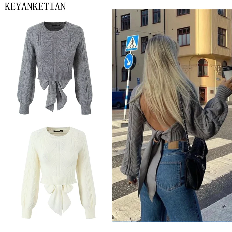 KEYANKETIAN Autumn/Winter New Bow Lace Up Backless Women\'s Sexy Cropped Sweater Fashion Chic Long Sleeve Pullover Knit Smock TOP