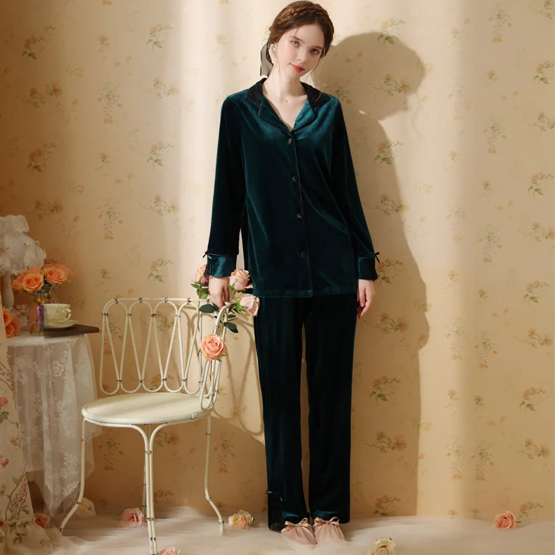 Women's Velvet Pajamas Sets, Velour Princess Sleepwear, Lapel Long Sleeve Shirt and Pants, Winter