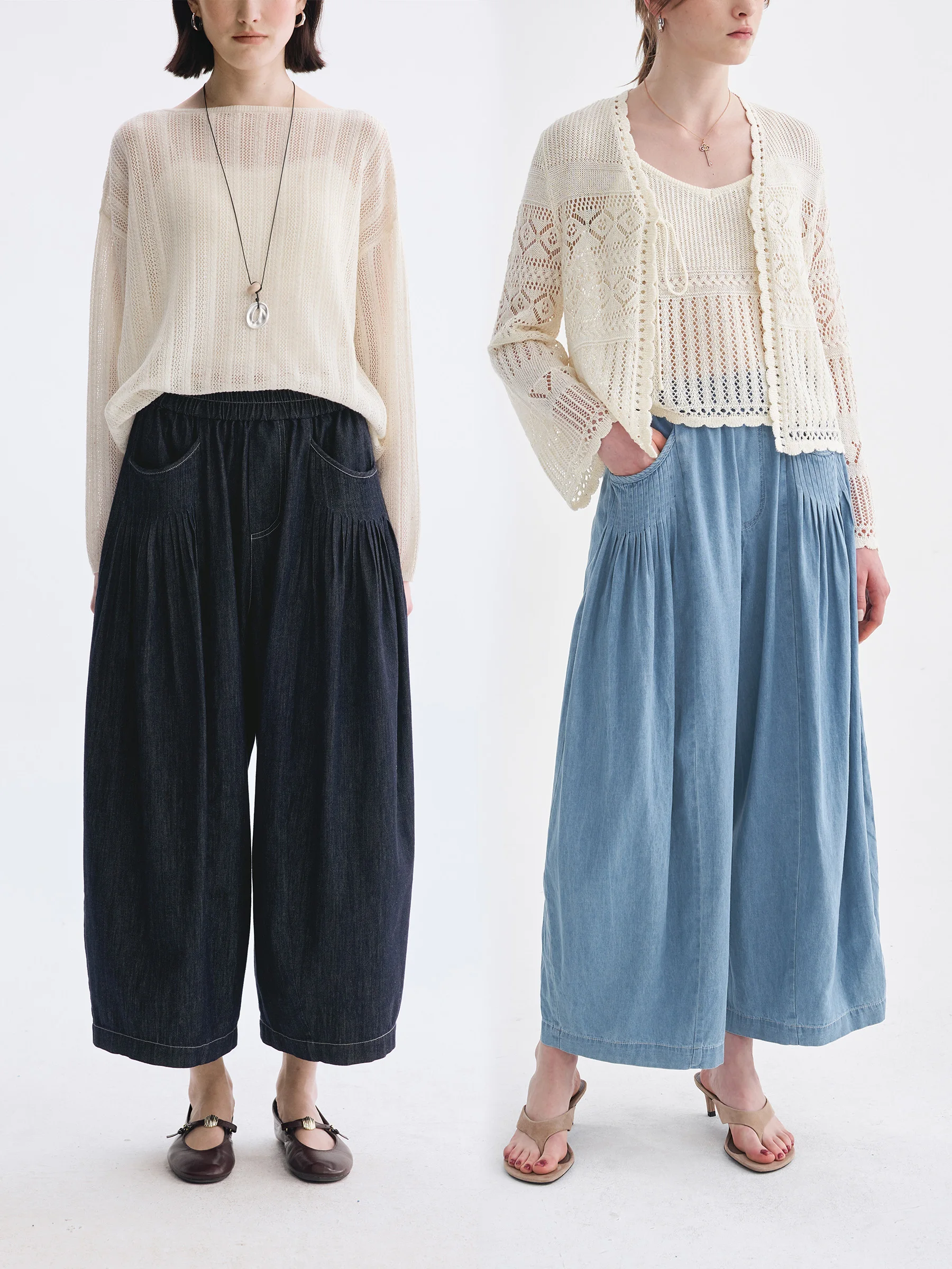 

Artistic Style Women's Denim Jeans Lantern Leg Nine Points Spring Summer DotDrobe Loose Fit Natural Waist Folded Hem