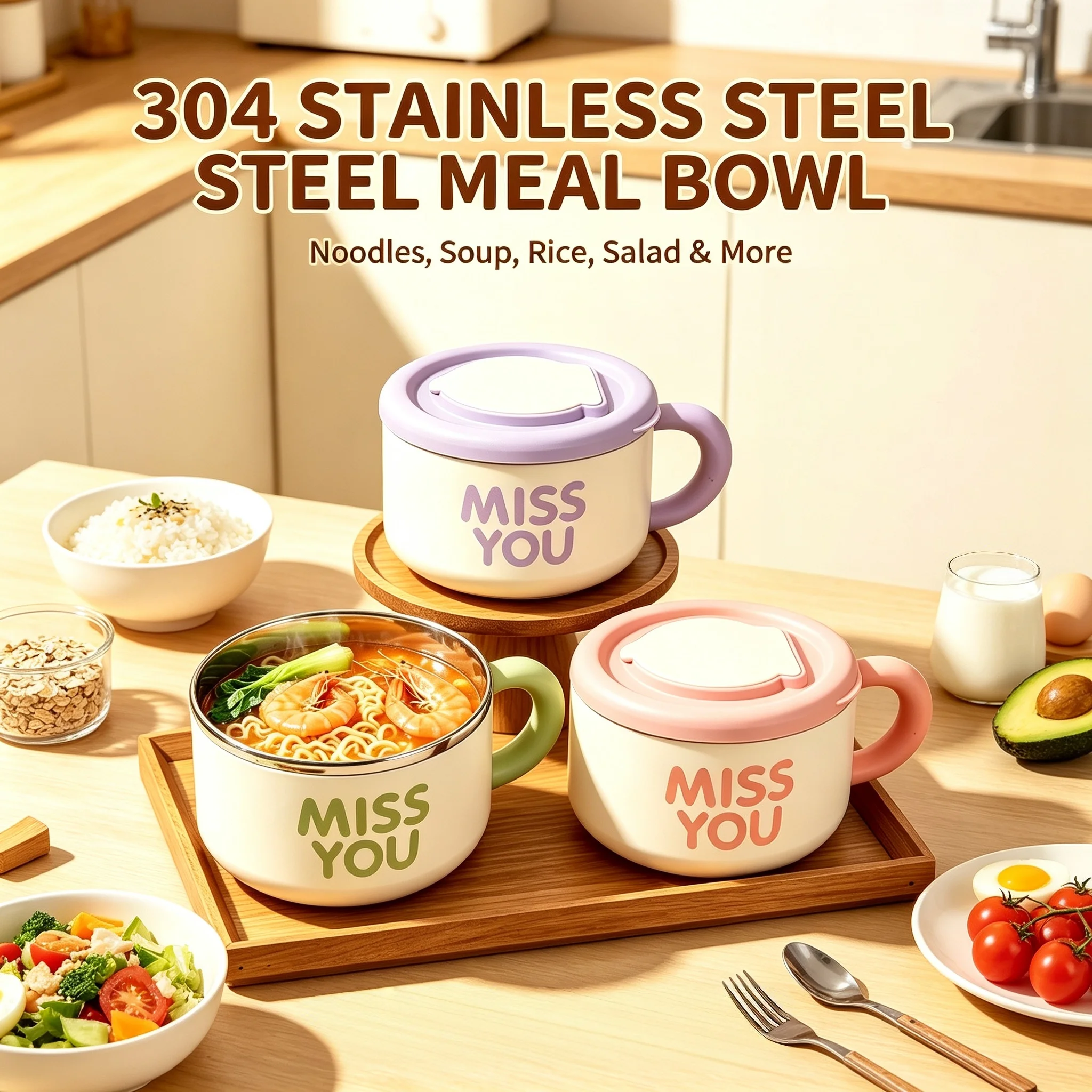 304 304 Stainless Steel Large-Capacity Instant Noodle Bowl with Stand and Draining Lid, Anti-Scald Portable Food Bowl, Suitable for Dormitory, Office, Students, for Carrying Meals, Salads, and Soups - Aliexpress Deal