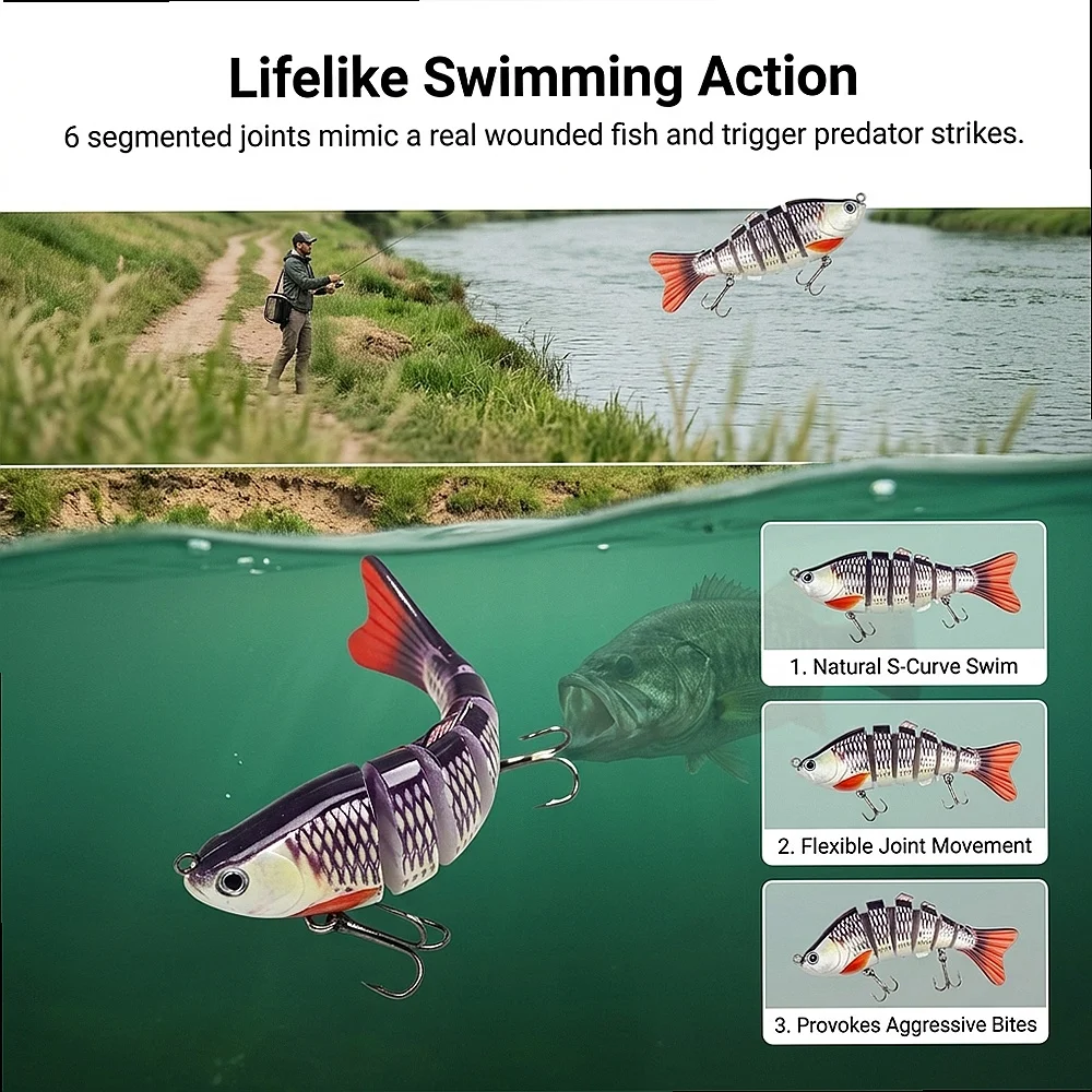 Jointed Bass Lure 6-Jointed Sinking Wobbler 3/5/10 Pack Lifelike Swimbait Rattle 3D Eyes for Trout Salmon in River