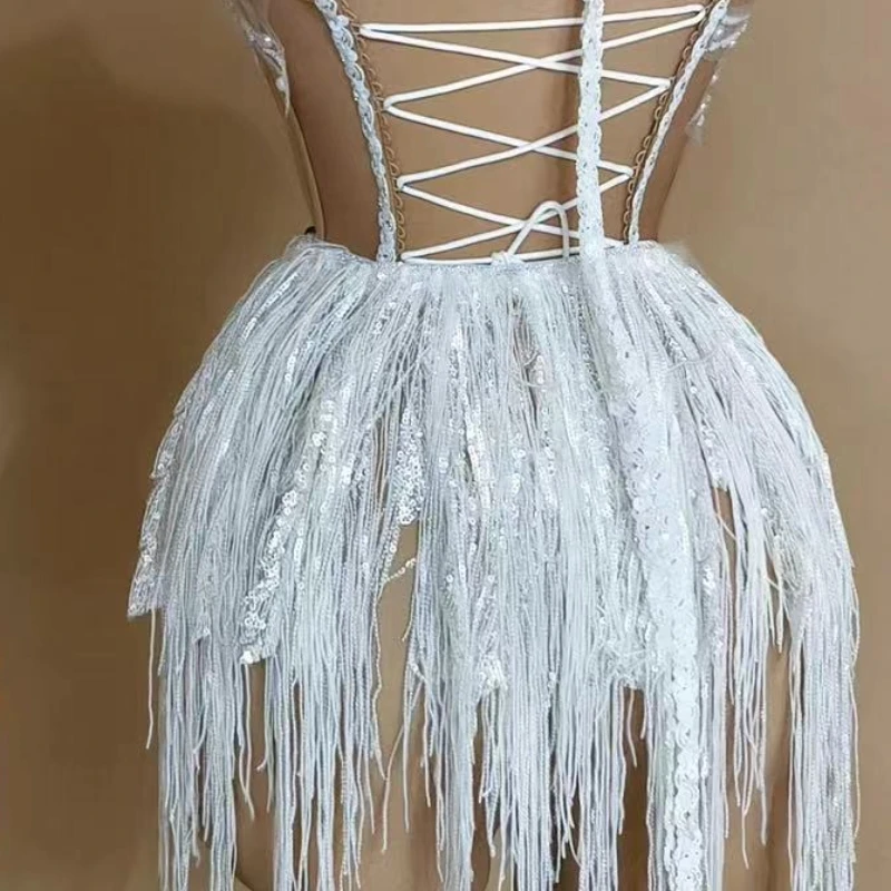 Glamorous Tassel Mesh Birthday Party Dress Stage Performance Costume Dance Waist Splicing Hip Wrap Skirt Outfit Vestidos De Gala