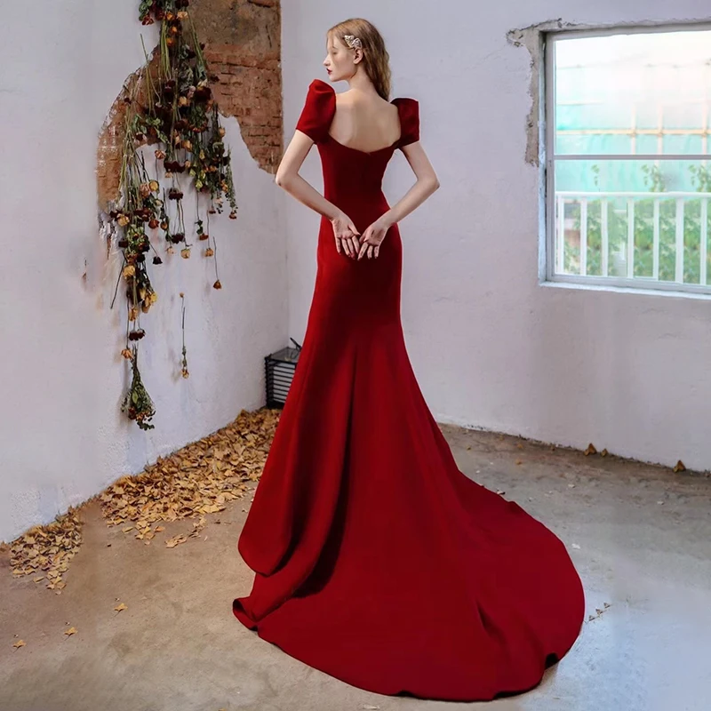 Wine Red Mermaid Wedding Dresses Deep V-neck Puff Sleeve Small Train Vestidos De Novia Simple Elegant Vintage Evening Dress