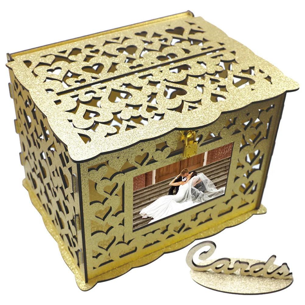 

1Set Wood Card Box Hollow Square Greeting Cards Holder Large Capacity for Wedding Birthday Celebration Wood Card Box