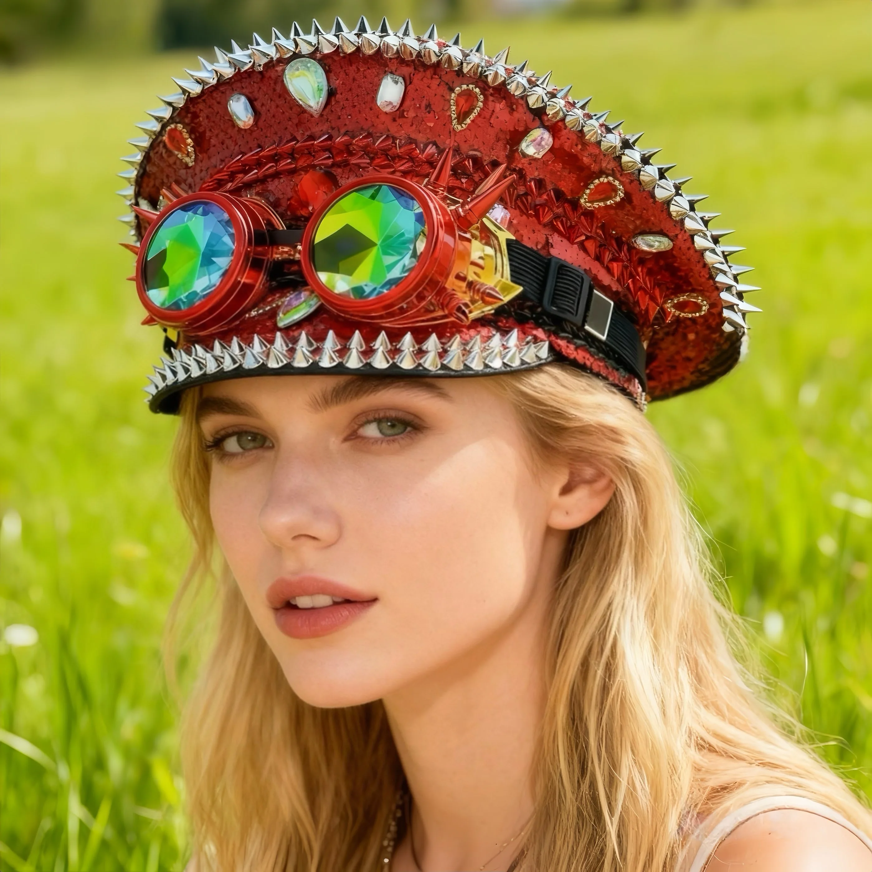 

HongLuan Red Steampunk Captain Hat Rhinestone with Goggles for Burning Man Festival Woman, Military Accessories & Cap for Man