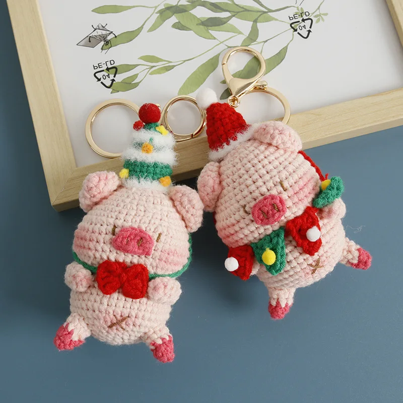 

Cute Piggy Crochet Keychain Handmaking Knitting Animal Doll Keychain For Bag Pendant Creative Christmas Gifts Couple Keyrings