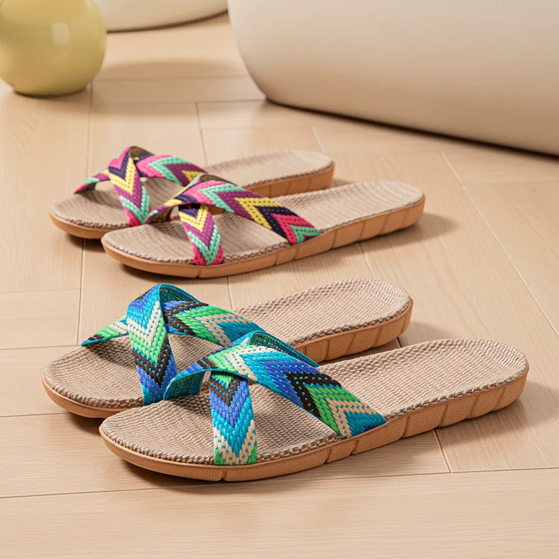 Hemp Women's Slippers Home Summer Designer Woman Shoes Flat 2026 New Linen Elegant Indoor Slides Couple Soft Sole Non-Slip Floor