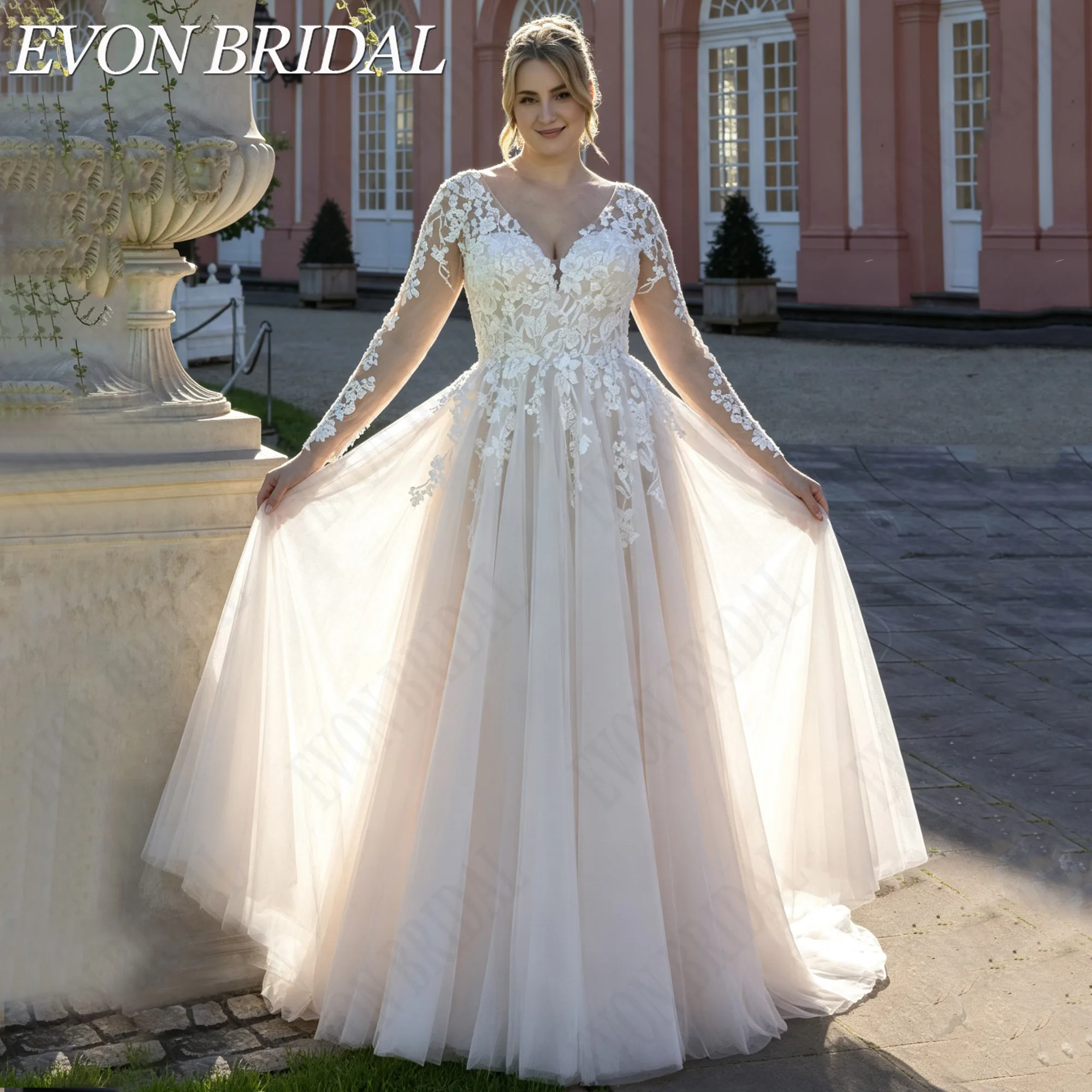 EVON BRIDAL Sequined Lace Appliques Tulle Customized Wedding Dress Plus Size Long Sleeve Bride Dresses Illusion back Bridal Gown