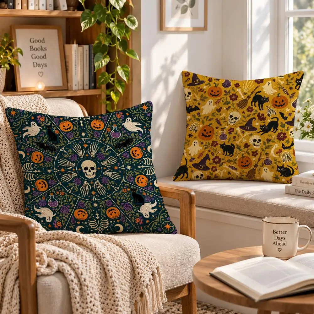 Art Gothic G-Halloween Skeleton Witch Ghost Cushion Cover Soft Short Cover Washable Sofa Bed Dorm Garden Home Office Chair Decor