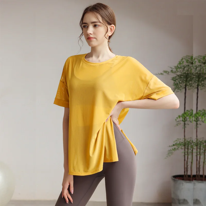 تي شيرت بأكمام قصيرة للنساء ، ملابس يوجا ، رقبة مستديرة ، فضفاضة ، جيدة التهوية ، بلون واحد ، منقسمة ، راحة ، رياضة ، لياقة بدنية ، صيف ،
