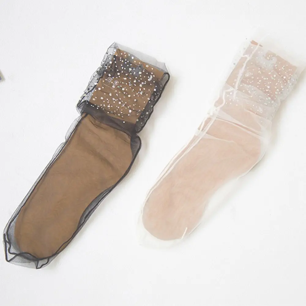 Kaus kaki wanita tembus pandang dengan kaca sutra Glitter One Glitter renda kaus kaki pergelangan kaki kaus kaki jaring pendek transparan