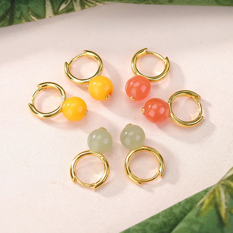 Amxiu Sterling Silver 925  Red Amber  Hetian Clear Water Jade Round Bead Simple Ear Clip Earrings