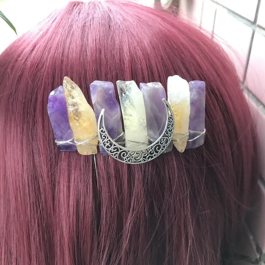 Ezüstszínű Hold vezeték wrapped Paraszti Kő- Szel haja combs, reiki Kristálytiszta Félfogadás menyasszonyi Varázserő Nők Fejdísz hairband ékszer QC5039