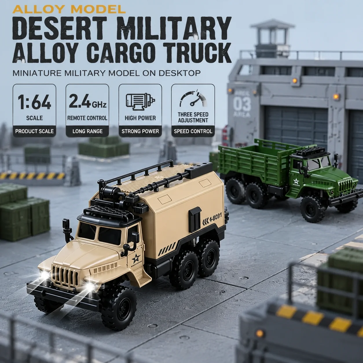 1:64 Alloy RC Military Truck 2.4GHz Mini 6-Wheel 4WD Transport Vehicle Type-C Rechargeable Remote Control Desktop Model