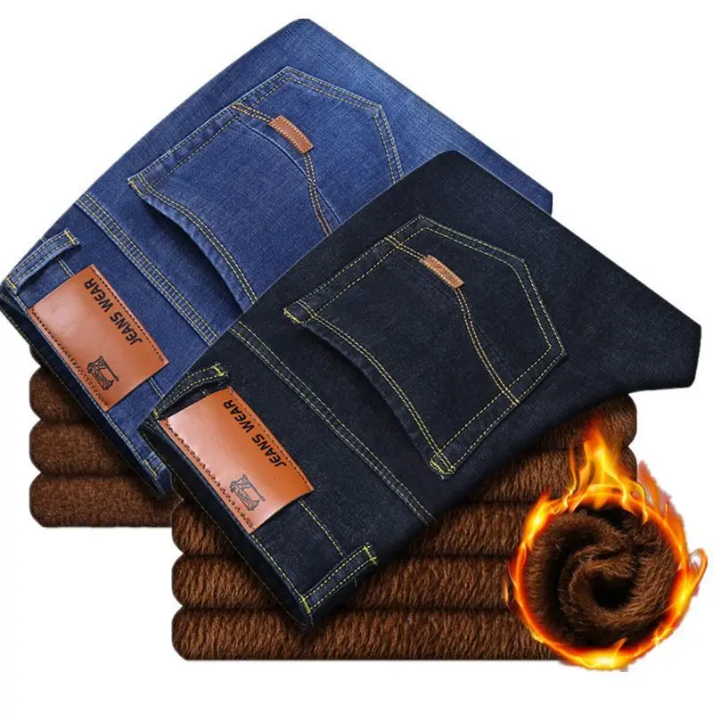 

2025 Autumn/Winter New Men's Black Straight Stretch Denim with Velvet Pants Warm Jeans Casual Warm Denim Pants Men's Large Size
