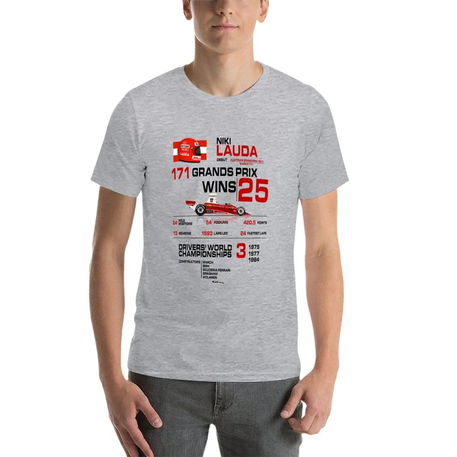 Niki Lauda - F1 Stats with car & helmet design t-shirt t-shirt per un ragazzo manica corta tee men clothes