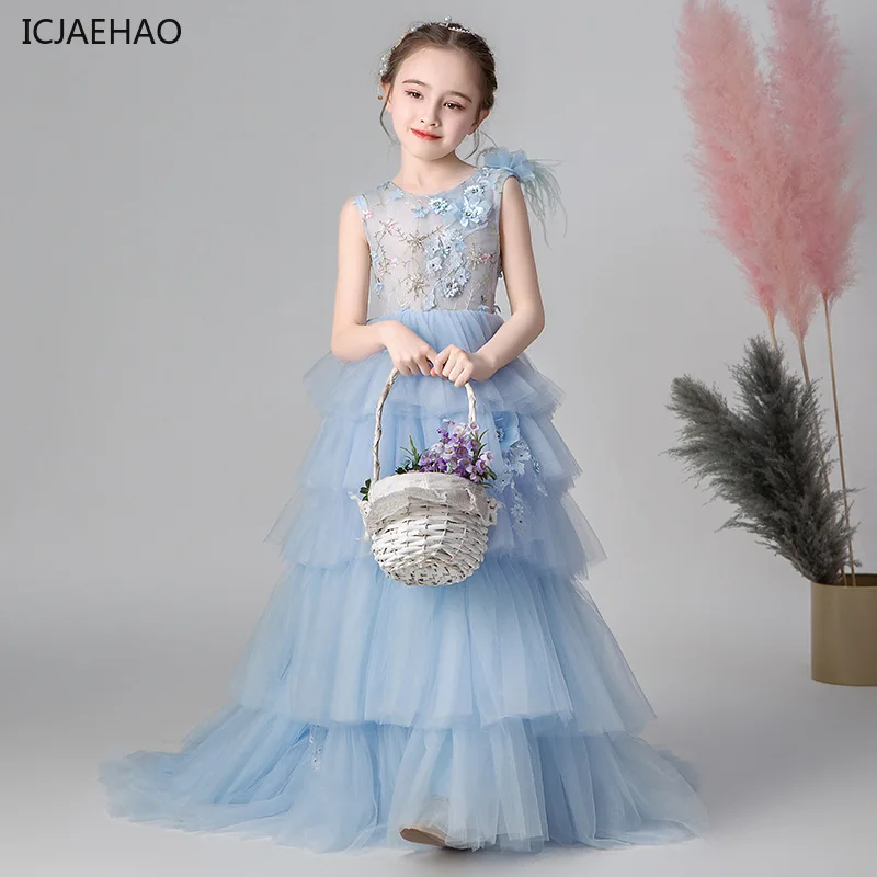 ICJAEHAO Tulle Dresses Girl Boutique Fancy Flower Girl Wedding Dress Children Performance Robe Kids Mermaid Clothes Vestidos