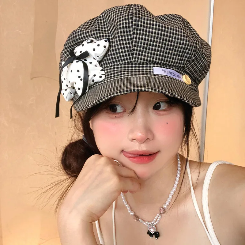 

Cute Polka Dot Dog Plaid Beret for Women Octagonal Cap Korean Girl Painter Artist Hat Fashion Cloud Berets Vintage Beanie Bonnet