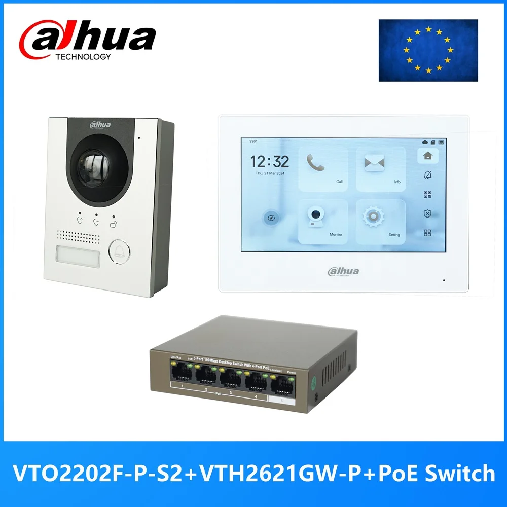 Dahua Multi-Language IP Video Intercom KIT,VTO2202F-P-S2 & VTH2621GW-P & PoE switch