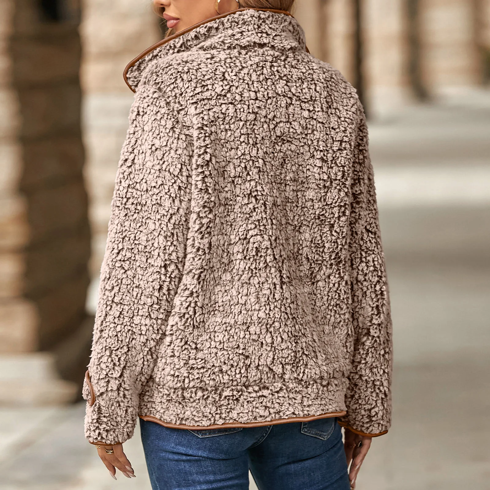 2025 Otoño Invierno chaqueta de bolsillo para mujer abrigo grueso de felpa cálido de manga larga para mujer abrigo con cuello vuelto de un solo pecho