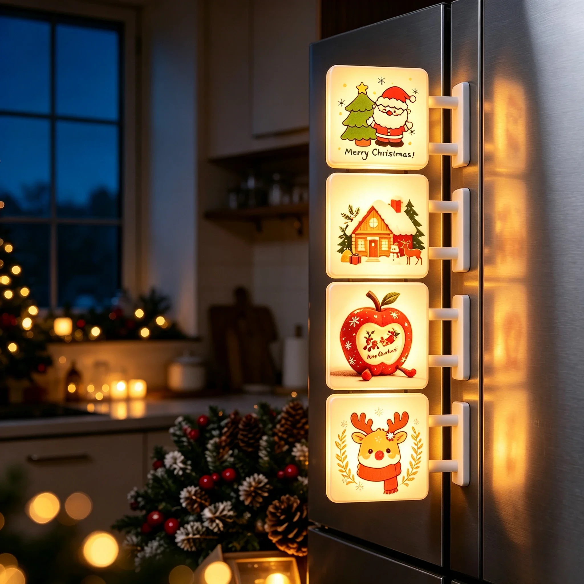 Christmas Magnetic Fridge Magnet LED Light, Square Xmas Ambient Night Lamp, Festive Home Kitchen Decor