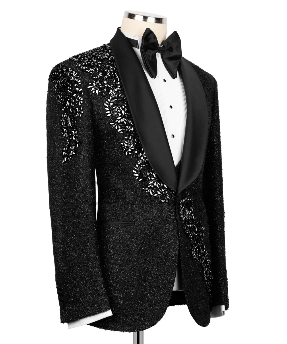 Olibexley Luxury Black Men Suits 3 Pieces Sets Diamond Crystal Beaded Wedding Groom Tuxedos Male Party Blazers Customized S303