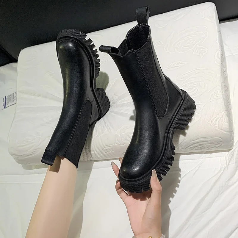 Warm Platform Women Shoes Sweet Boots Shoes Female Winter Autumn Slip on Hoof Mid Heels Knitting Leather Modern Boots Zapatos