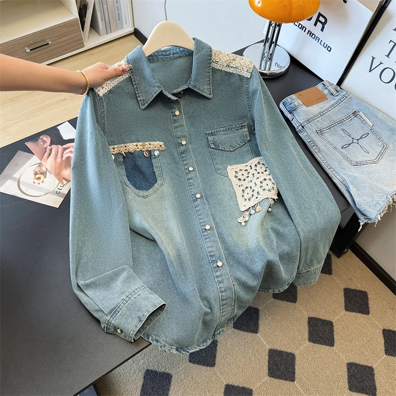

Lace Splicing Denim Shirt for Women Autumn New American High Street Casual Pocket Coats Single Breasted Long Sleeve Lapel Tops