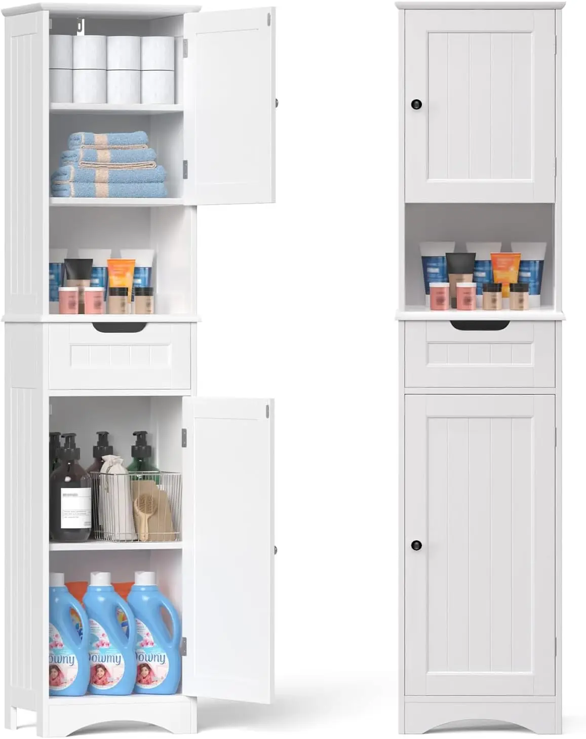

US Shipping Tall Bathroom Cabinet with 2 Doors and Drawer, Freestanding Narrow Storage Cabinet with Adjustable Shelves for