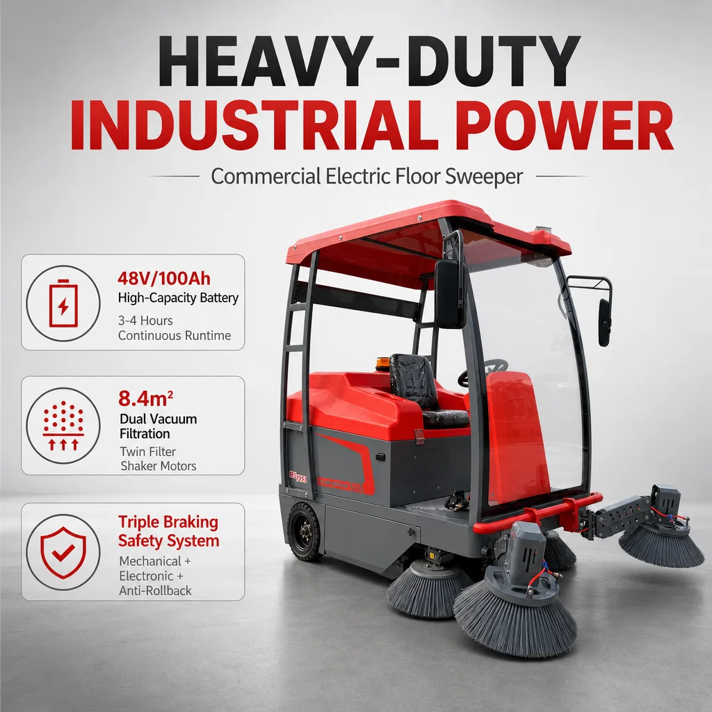 Heavy Duty Commercial Ride on Street Sweeper 1950mm Cleaning Width Battery Powered Industrial Floor Sweeping Machine 13650m2/h